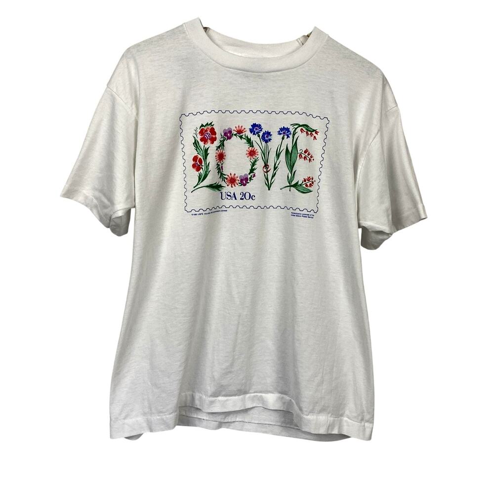Vintage Love Stamp T Shirt Adult XL Screen Stars Floral 80s Single Stitch Postal